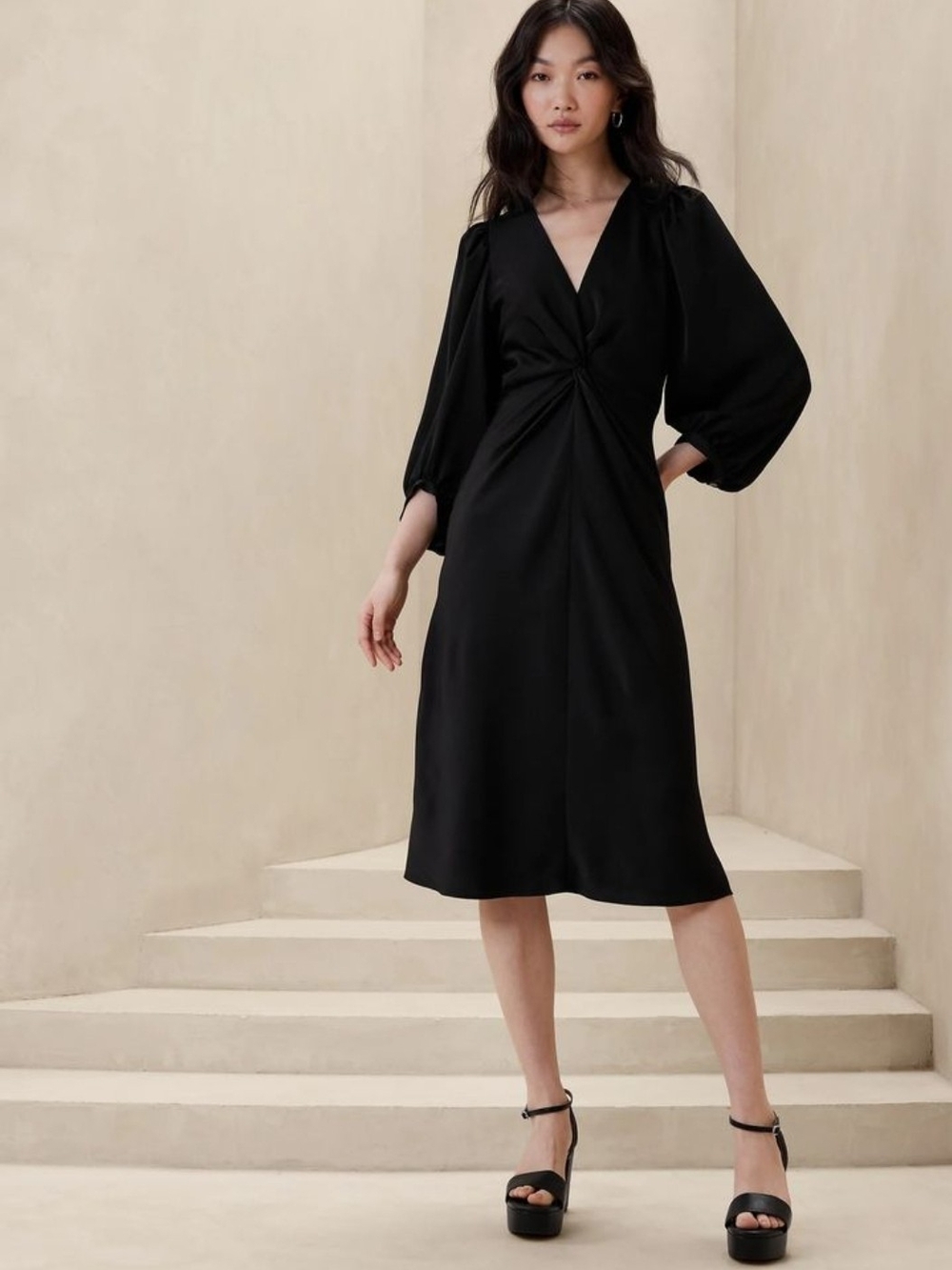 Banana Republic Black Twist-Knot V-Neck Midi Dress